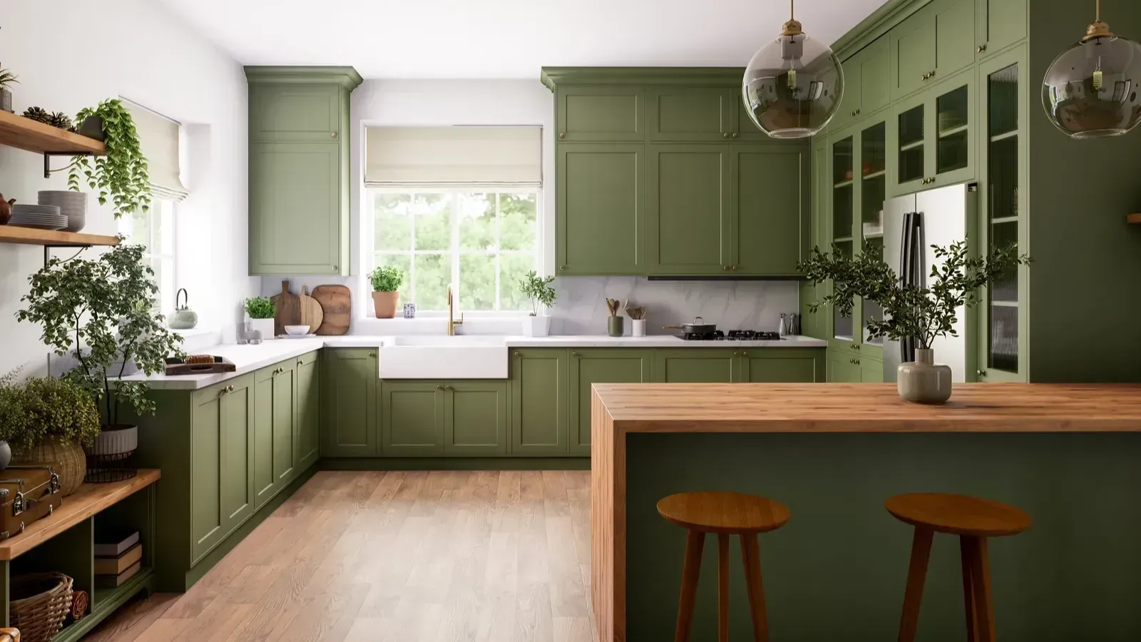 Bright green kitchen with a large island, open shelves, plants, and sunlight from a window
