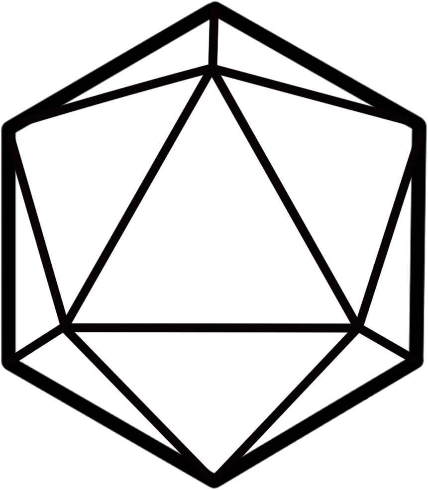 A line drawing of a 20-sided die (icosahedron) shown from a front-facing perspective.