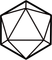 A line drawing of a 20-sided die (icosahedron) shown from a front-facing perspective.