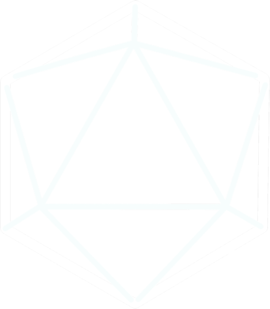 A light blue outline of a twenty-sided die (icosahedron) centered against a plain white background.