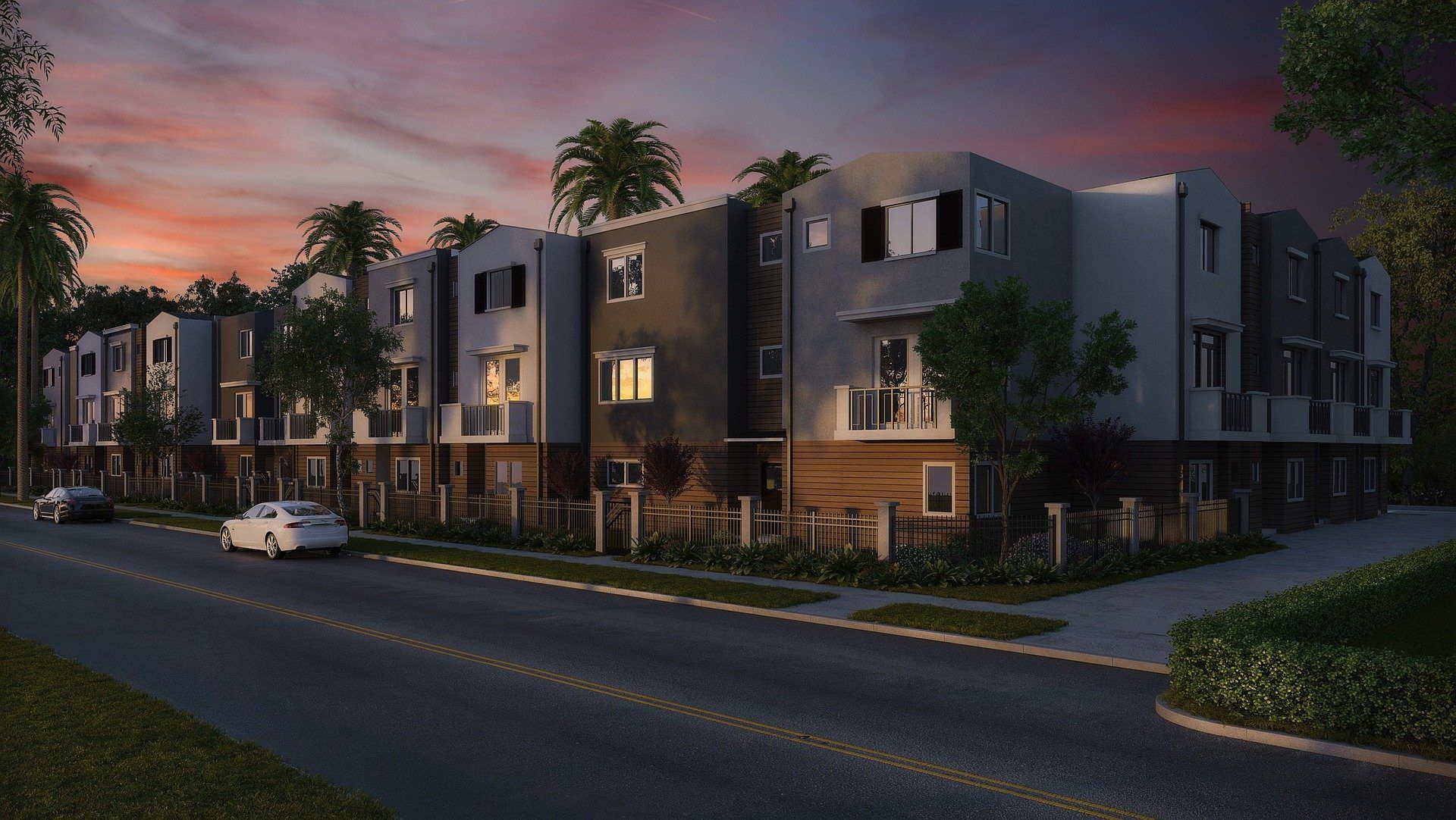 An artist 's impression of a building with cars parked in front of it