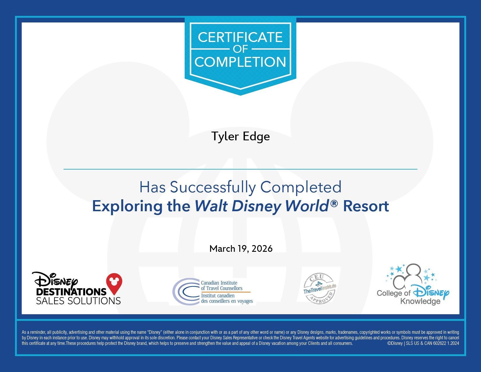 Disney vacation completion certificate in blue and white with Disney World Resort branding