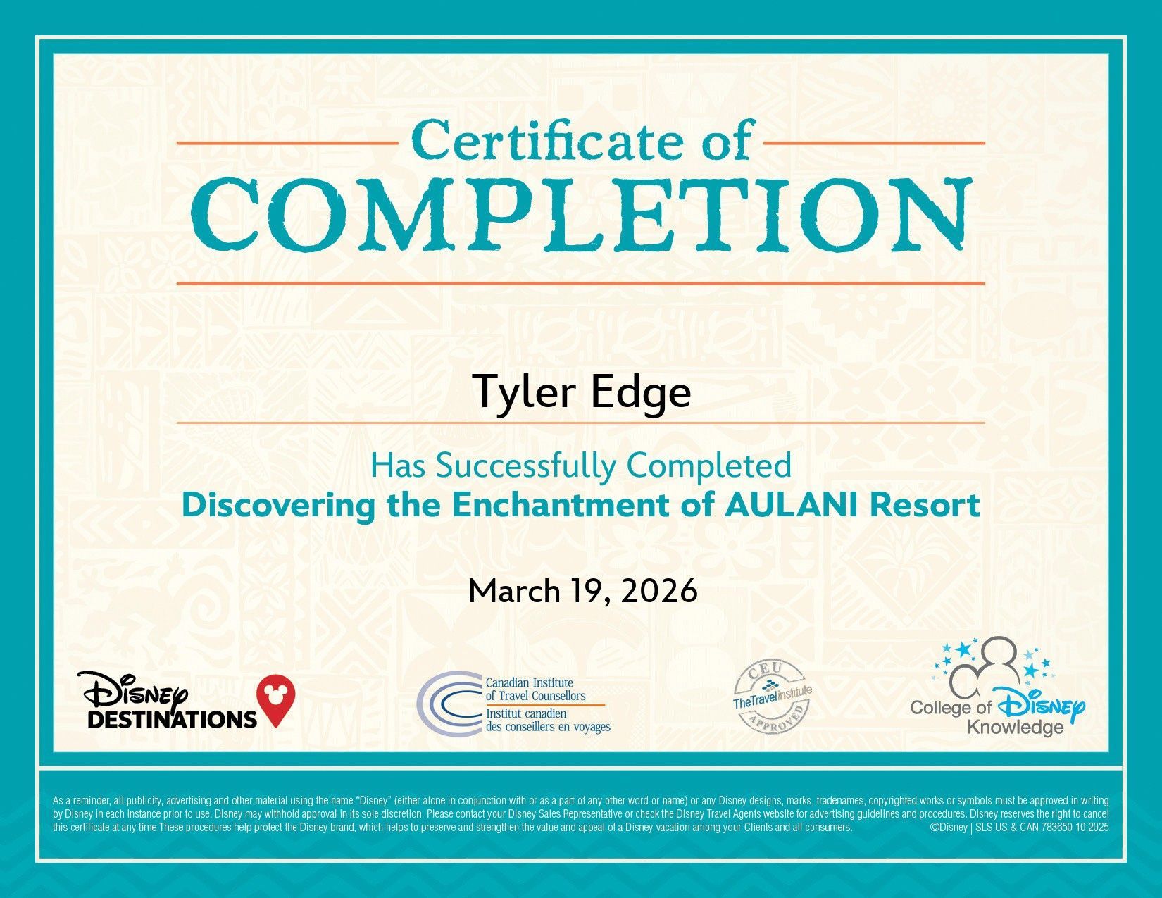 Turquoise Disney certificate of completion for Tyler Edge, March 19, 2026, at Aulani Resort