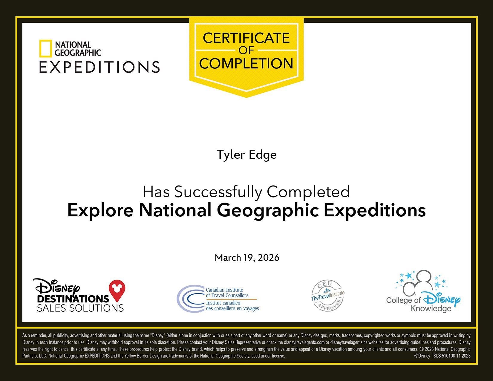 Certificate of completion for National Geographic Expeditions with logos on white background