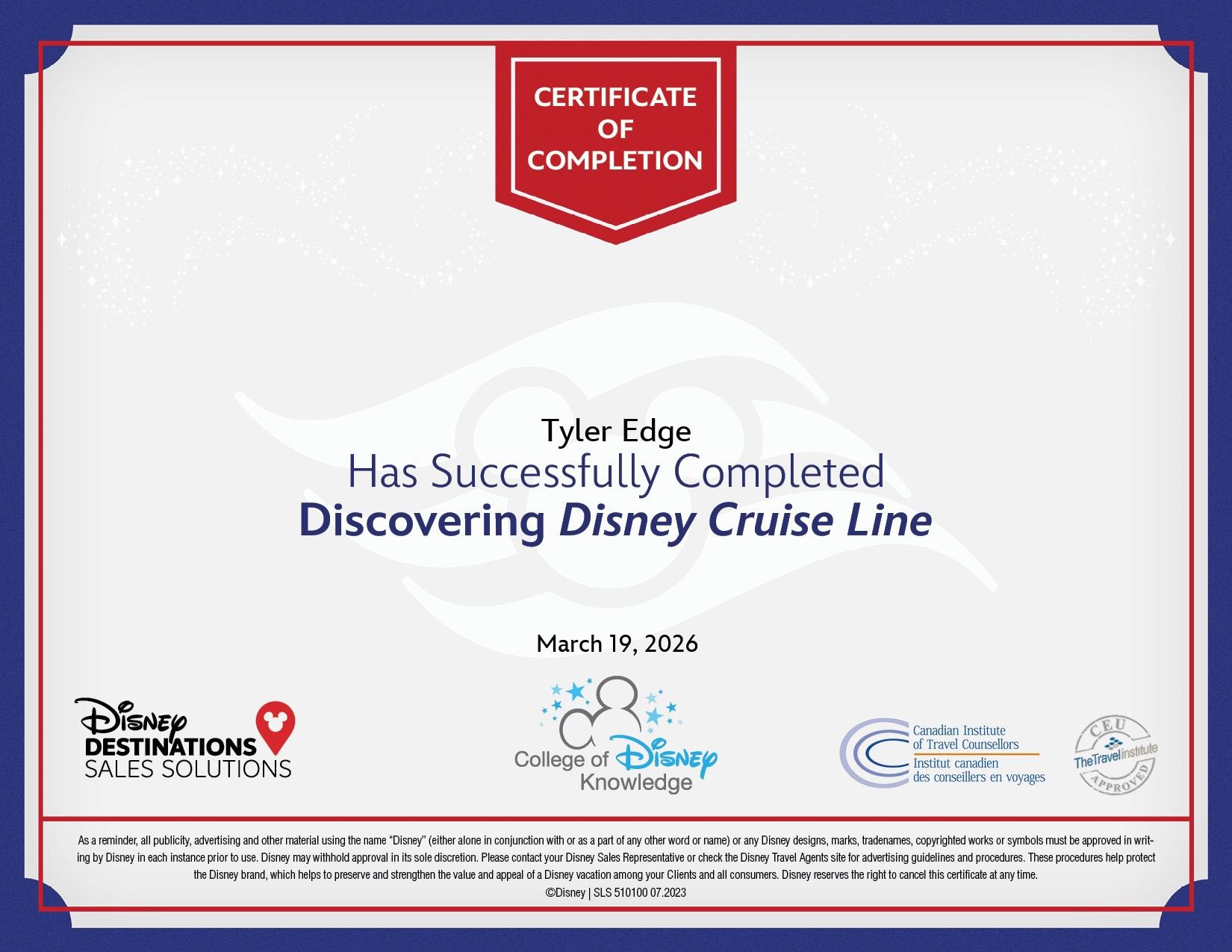 Certificate of completion for Disney Cruise Line, red and white with Disney Cruise Line logos at bottom