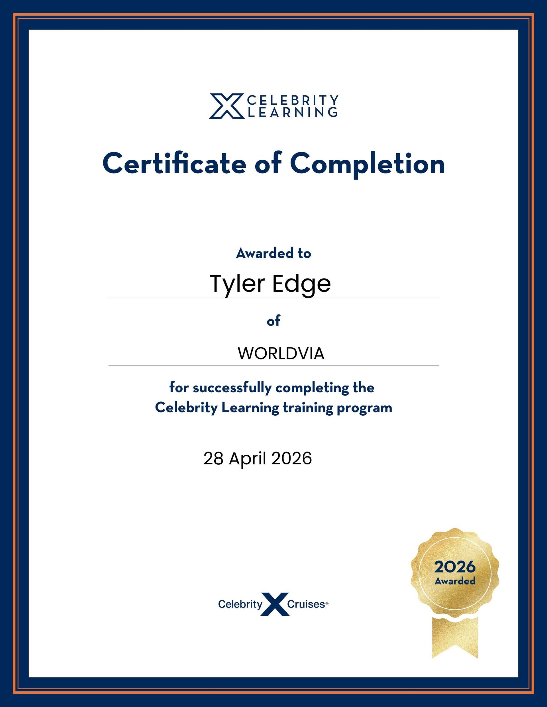 Certificate of Completion for Tyler Edge, with blue border and gold seal