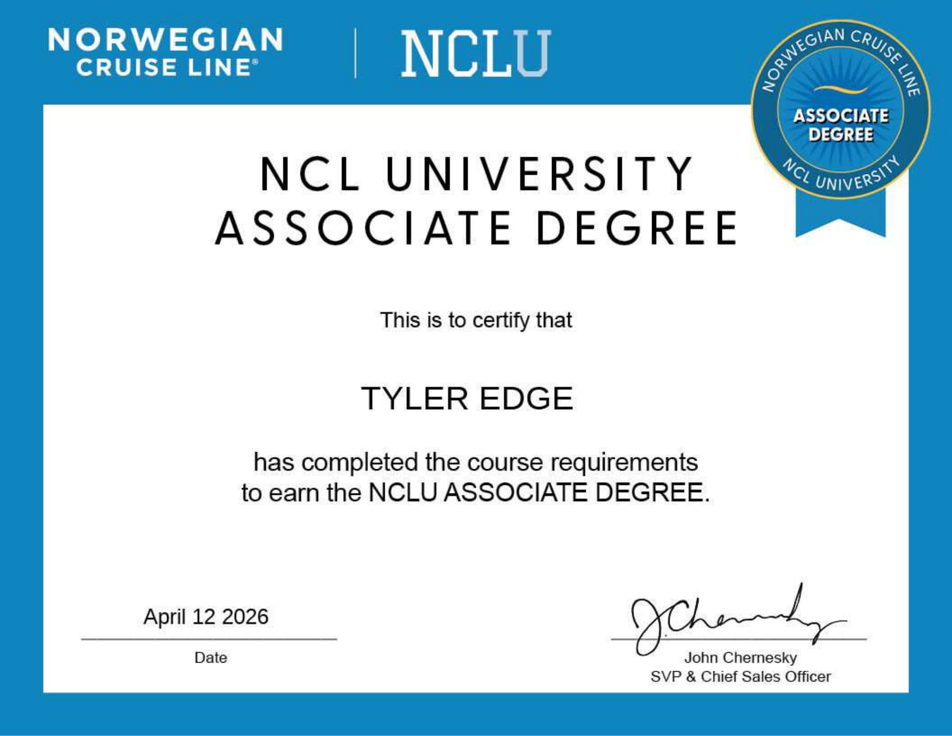 NCL University Associate Degree certificate with blue border, bearing the name Tyler Edge and a seal; mostly white background
