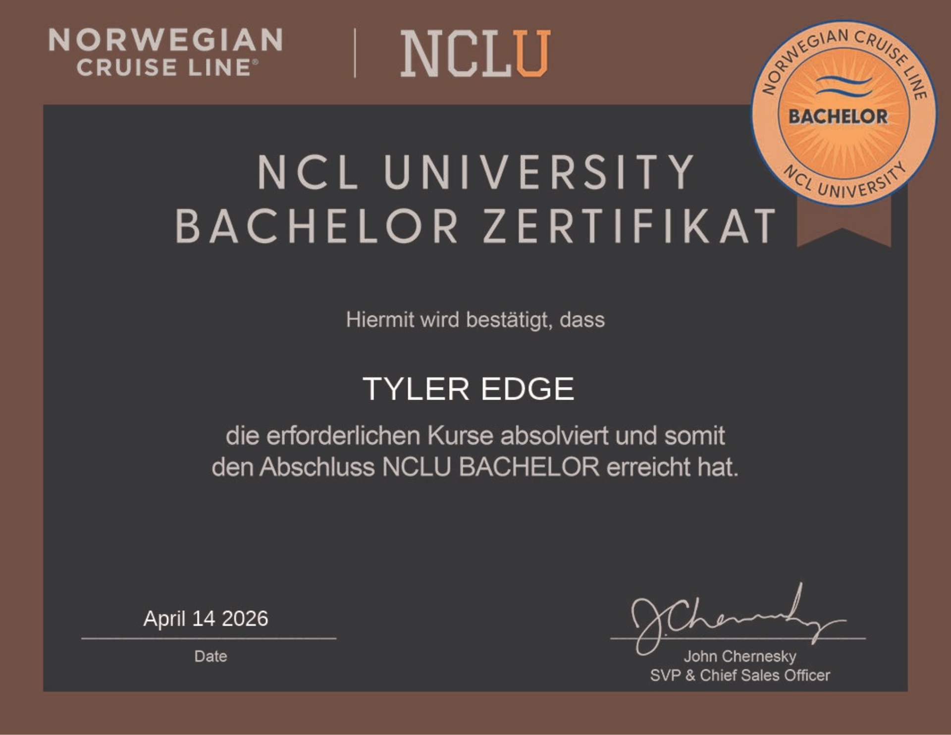 NCL University bachelor certificate in dark gray with orange NCLUBRO seal and Norwegian Cruise Line logo.