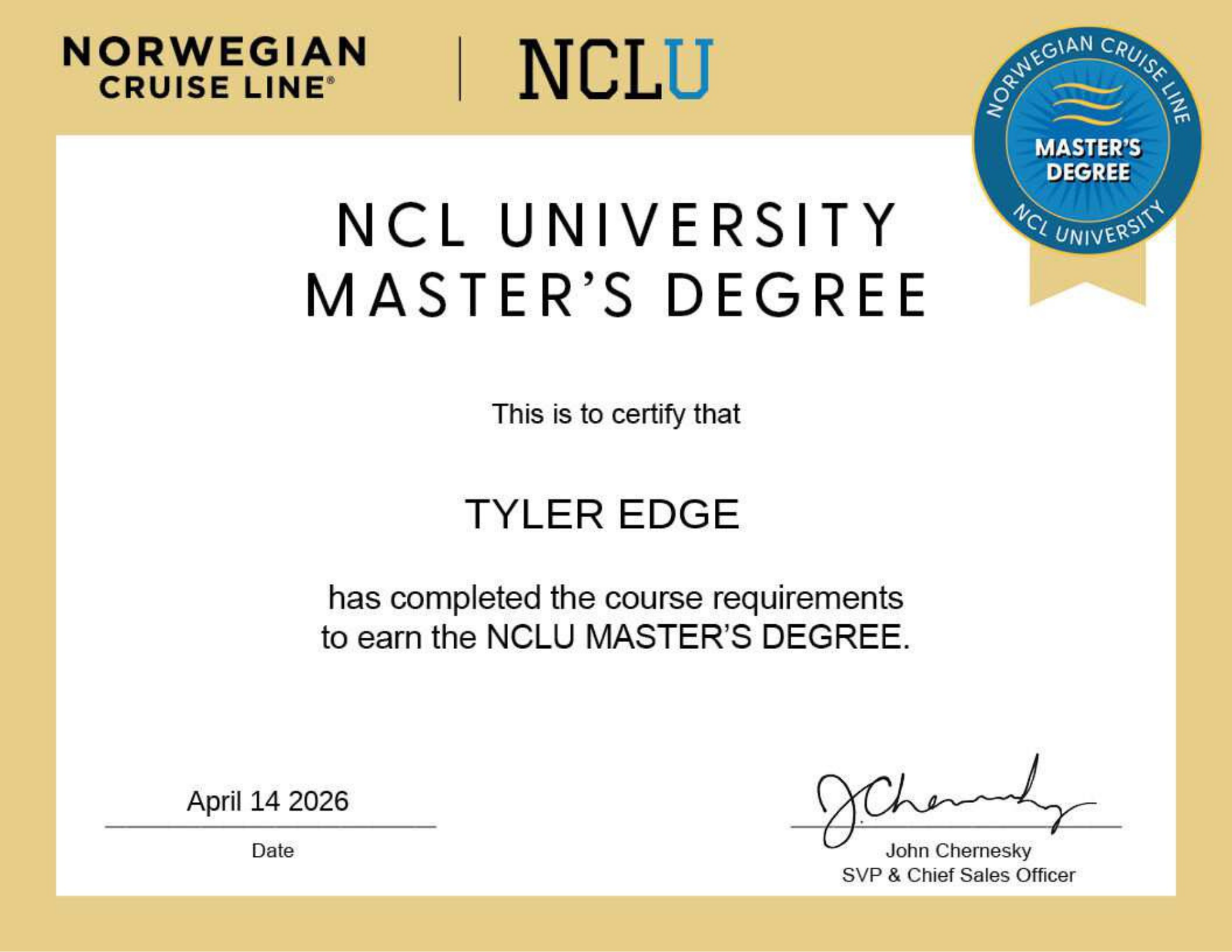 NCL University master's degree certificate with gold border and blue seal, issued to Tyler Edge