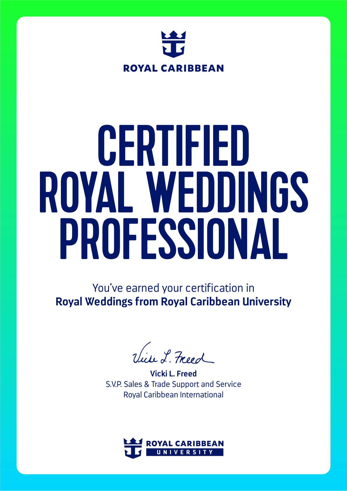 Royal Caribbean certificate with blue text on a white background and turquoise border, titled 