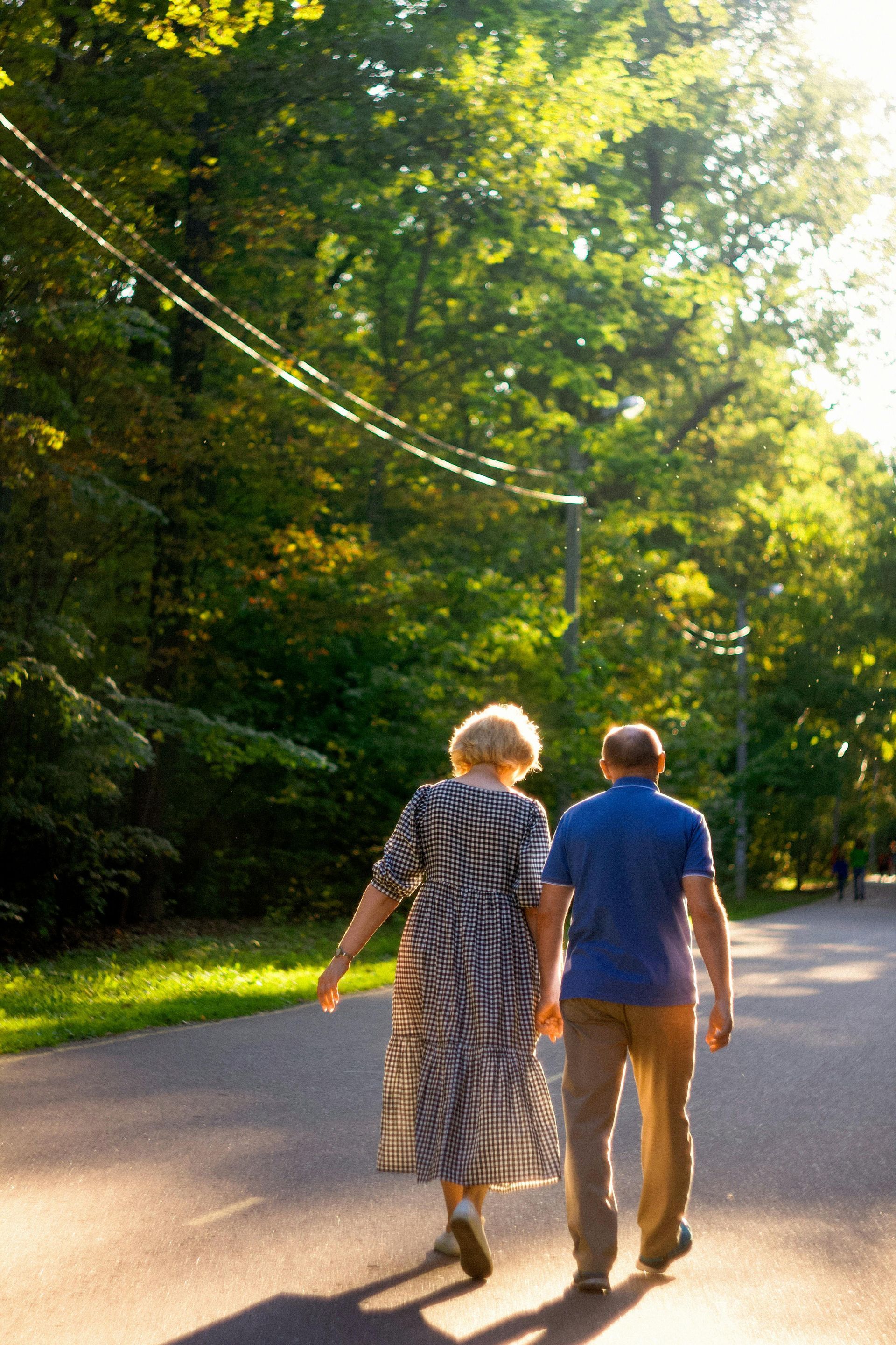 A group of people are walking across a bridge over a river in a park.