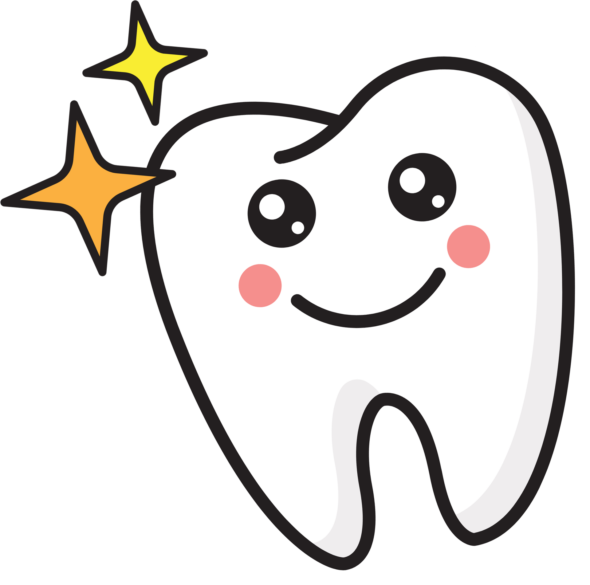 A tooth with a smiling face and two stars around it.
