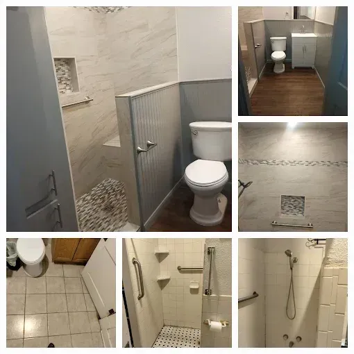 A collage of bathroom photos showing a shower with tiled walls and grab bars, a toilet, and a vanity sink.