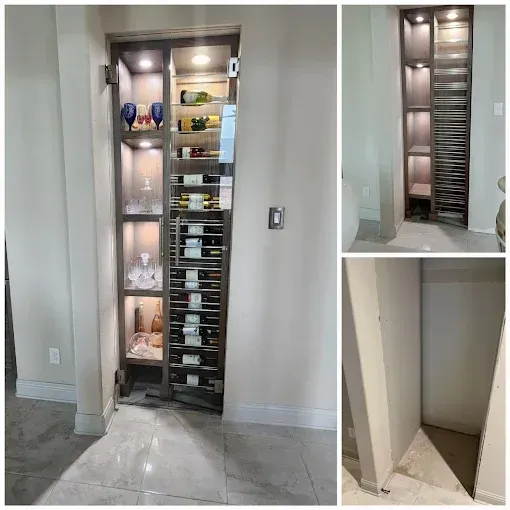 A tall, built-in wine rack with glass shelving and integrated lighting, shown closed and open in a home interior.