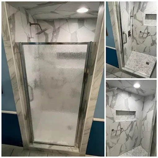 A tiled walk-in shower with a glass door, rainfall showerhead, recessed niche, and pebble floor, shown from three angles.