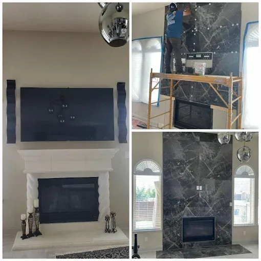 Before-and-after photos of a fireplace renovation, transitioning from a white stone surround to dark, veined marble tiles.