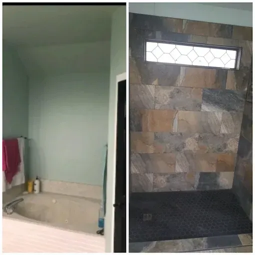 Before-and-after photos of a bathroom renovation replacing a tub with a tiled walk-in shower.
