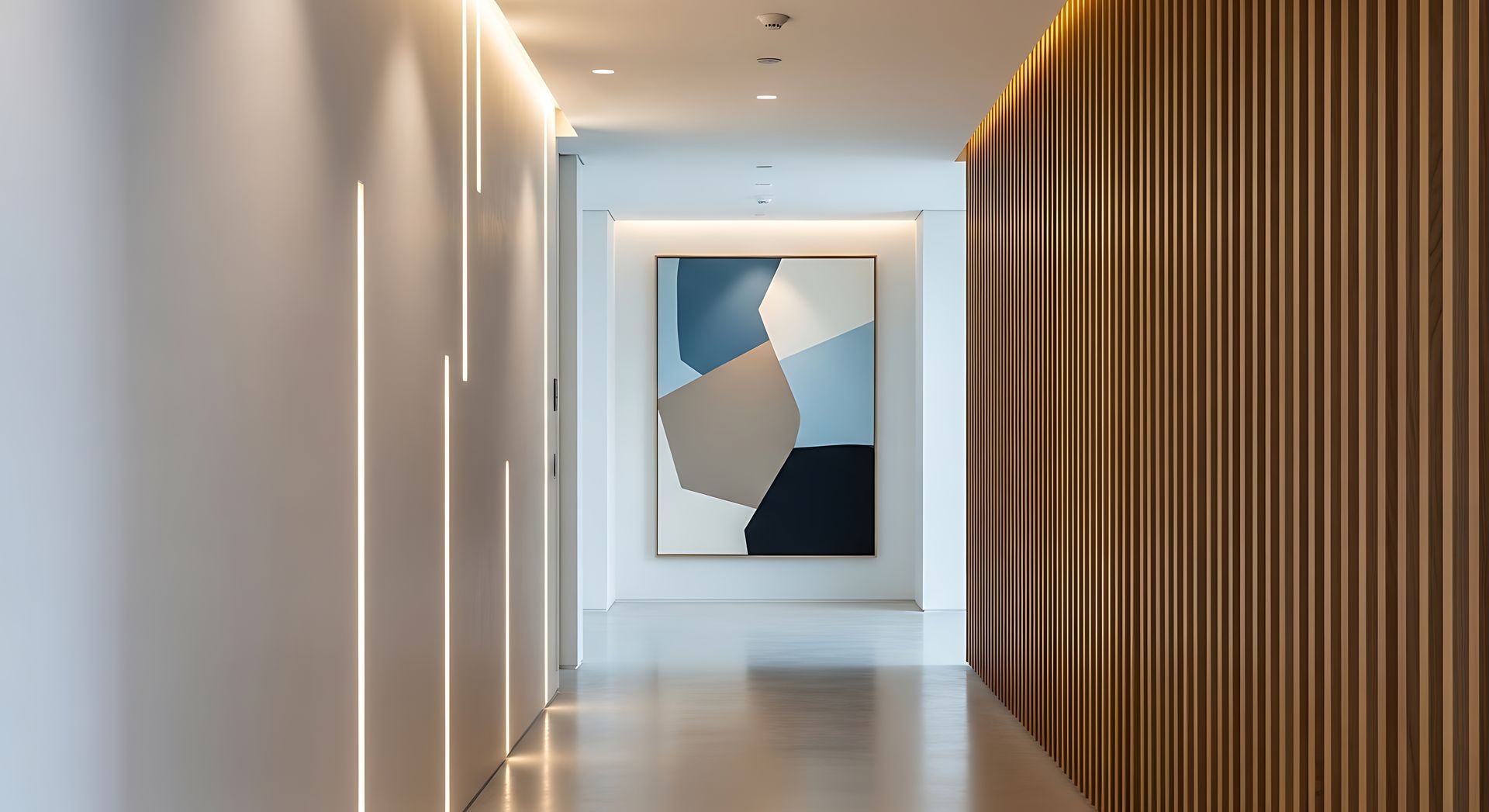 Office hallway with wall art featuring stylish wooden paneling and integrated linear LED lighting.
