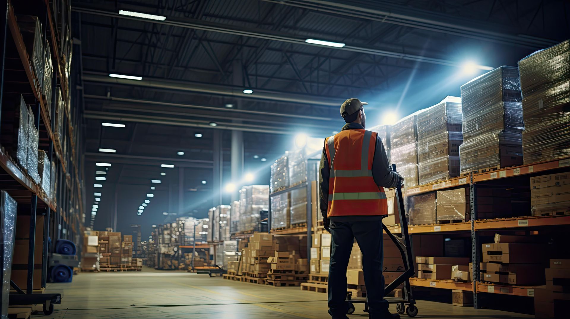 Warehouse worker in high-visibility vest operating a pallet jack in a large distribution facility il