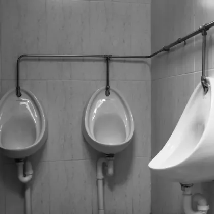 A black and white photo of three urinals in a bathroom