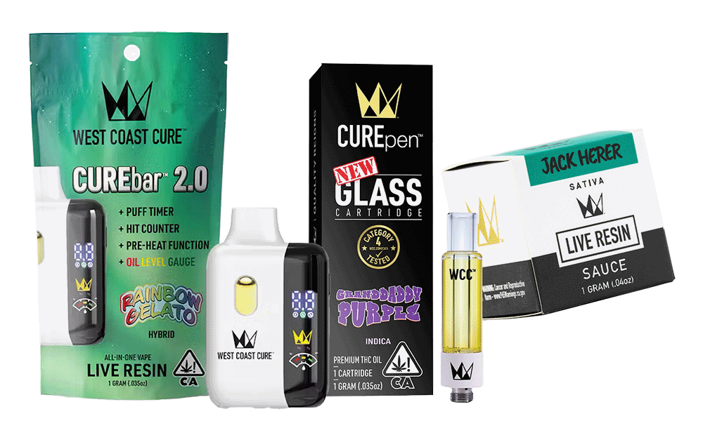 Box and vape pen: West Coast Cure "Curebar 2.0" with "510 cart" Hybrid and Indica live resin and premium thc oil.