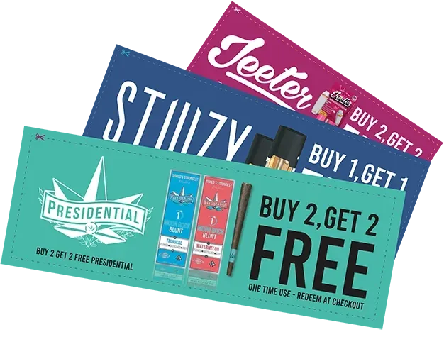 three coupons for cannabis goods, one reading buy 2 get 2 free one time use, redeem at checkout. for presidential brand.