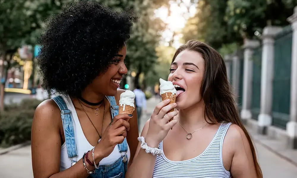 Two people eating ice cream cones outdoors, smiling.