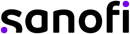 Logo Sanofi: testo nero con un punto viola prima della