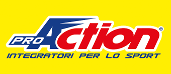 Logo di ProAction, marchio italiano di integratori sportivi. Il logo presenta testo blu e rosso su sfondo giallo.