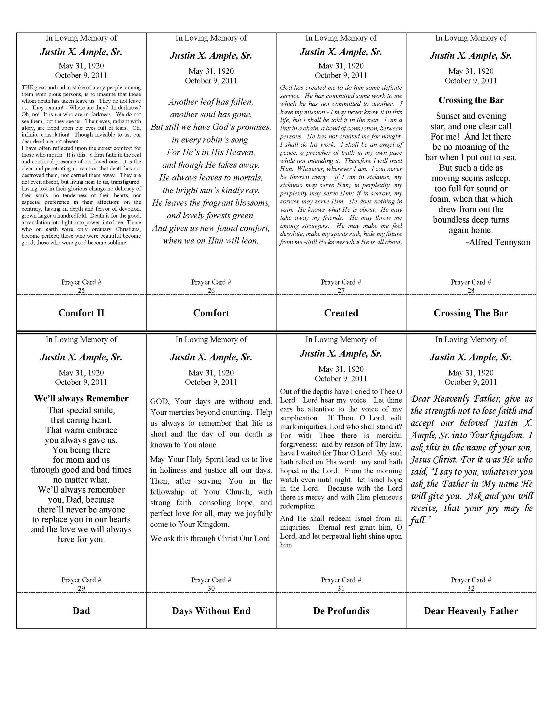 Four columns of text, each a section of a legal document with titles and signatures at the bottom.