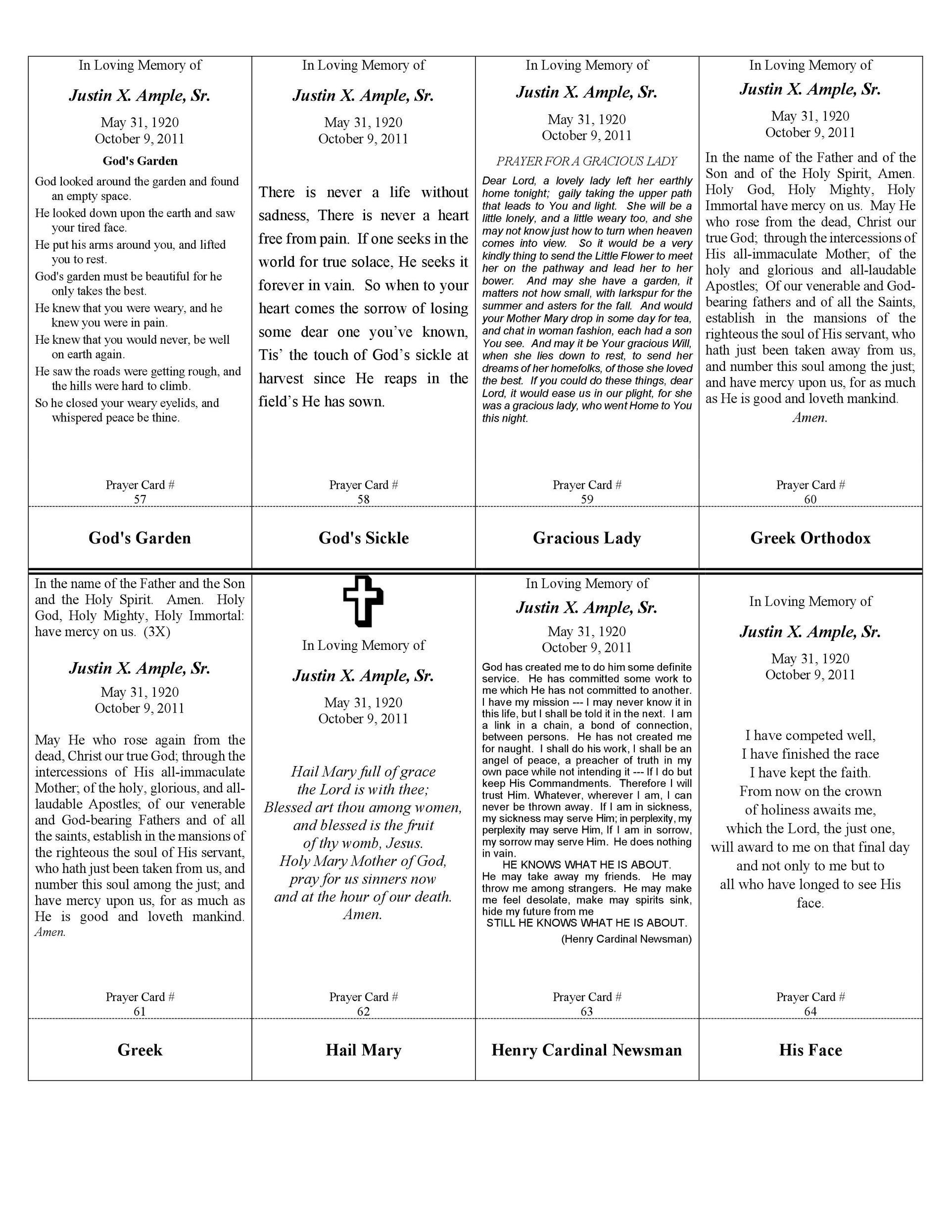 Vertical document with four columns of text blocks; sections titled