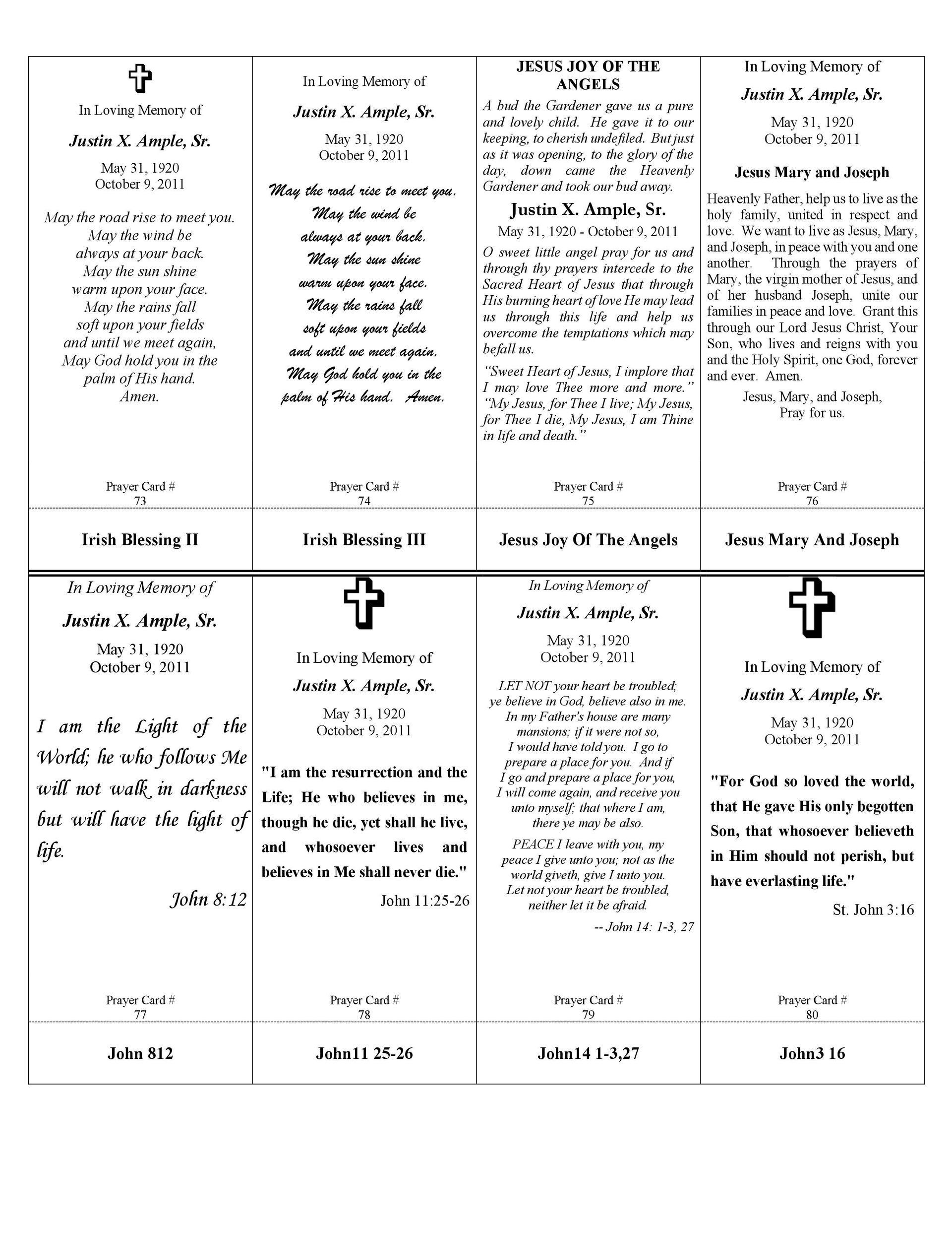 Six panels, memorial announcements. Each contains a cross, name, dates, and a short text.