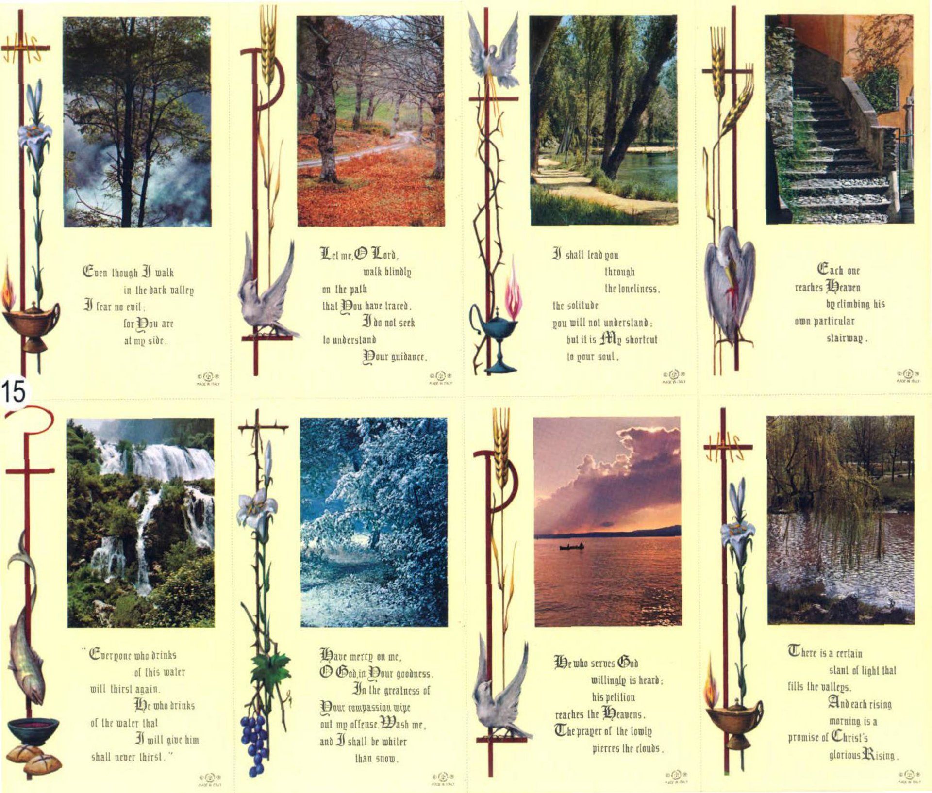 Cards with nature scenes and poetry, framed by candlesticks.