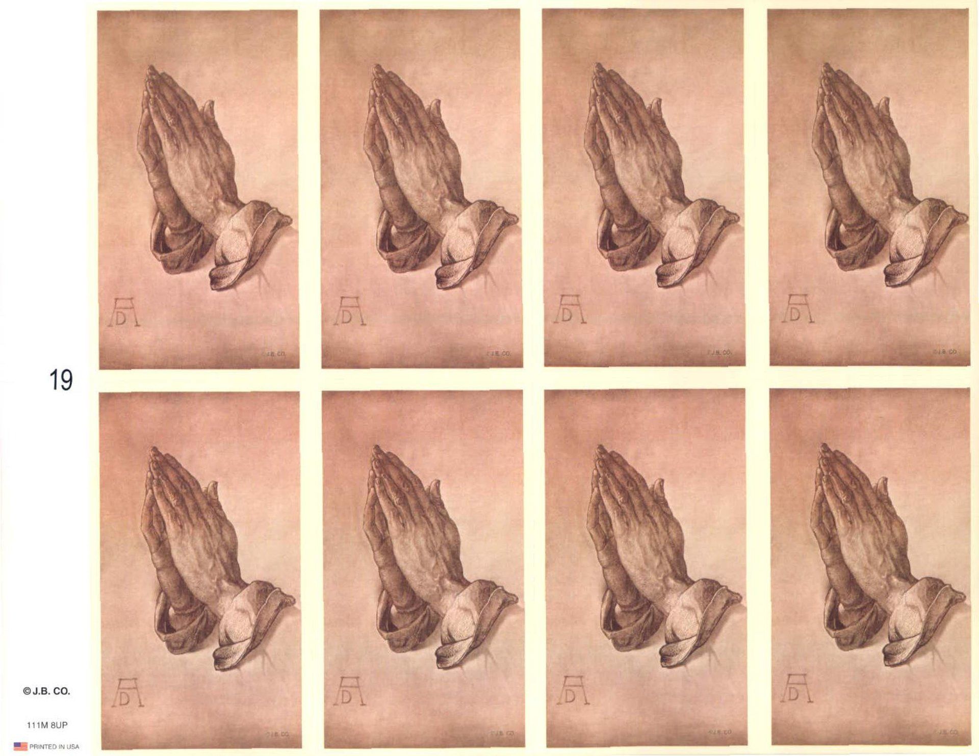 Eight reproductions of a drawing of praying hands, in sepia tones, with a label