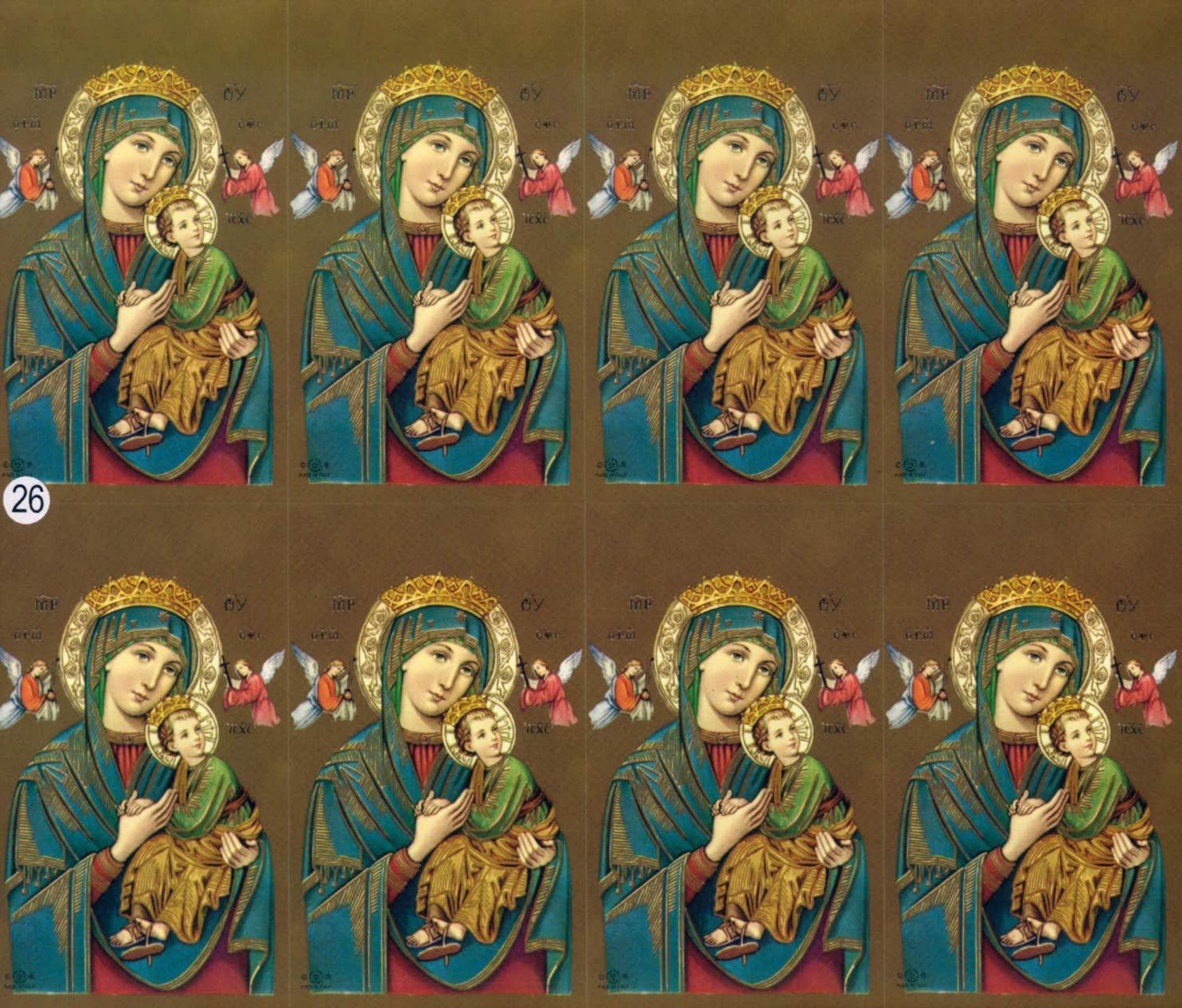 Eight images of Mary holding baby Jesus, surrounded by angels. Gold halos, blue and red robes.