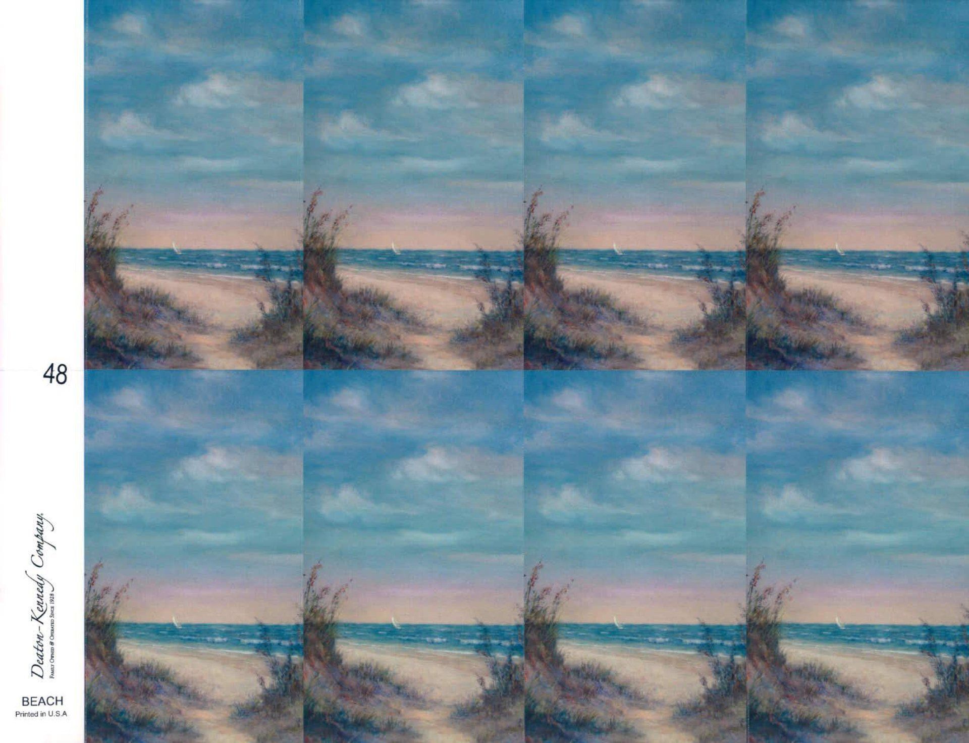 Beach landscape repeated in a grid. Blue sky and ocean, sandy shore, with plants.