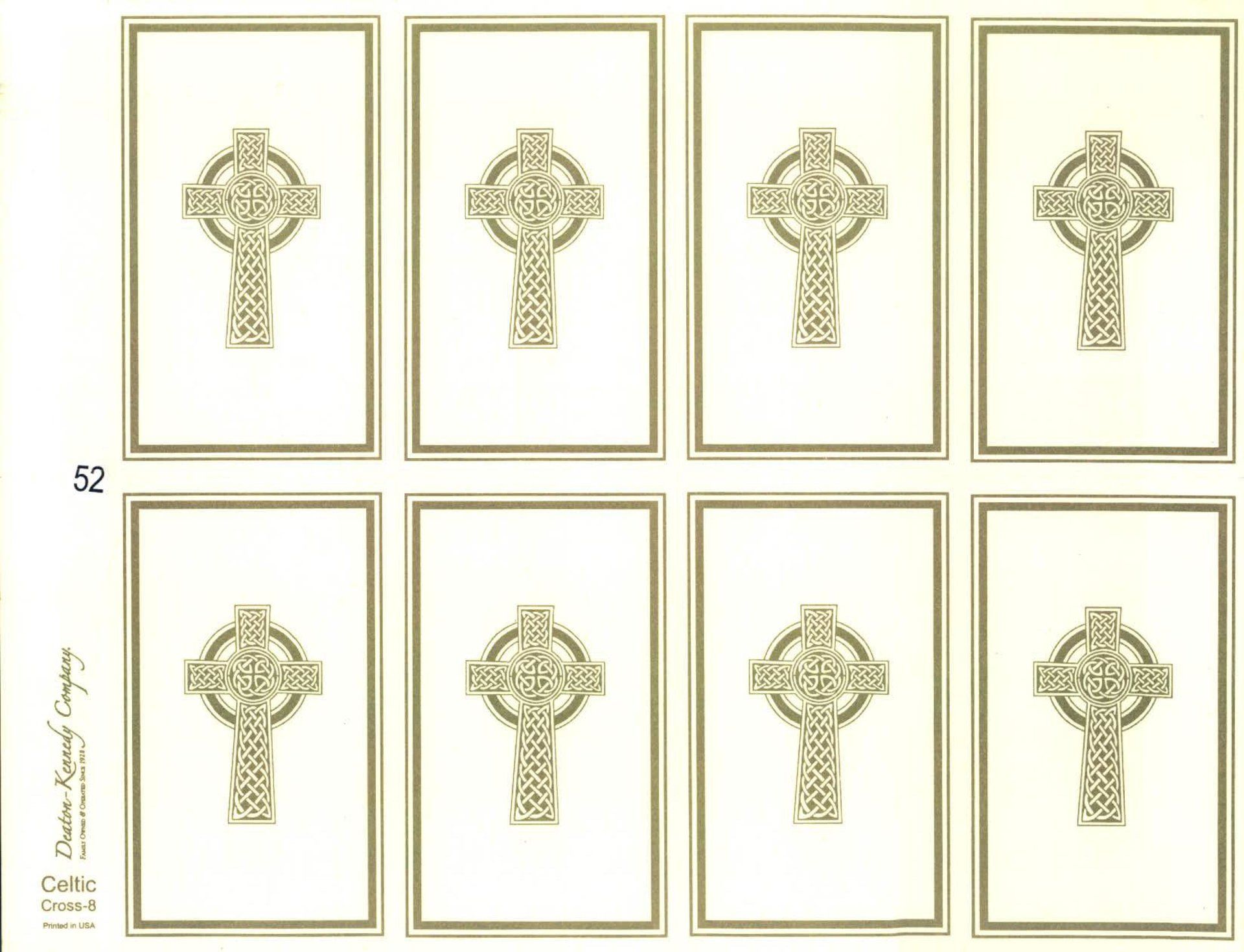 Eight Celtic cross illustrations arranged in two rows, framed and numbered