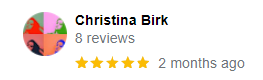 Christina Birk with 5 stars and 8 reviews, posted 2 months ago.