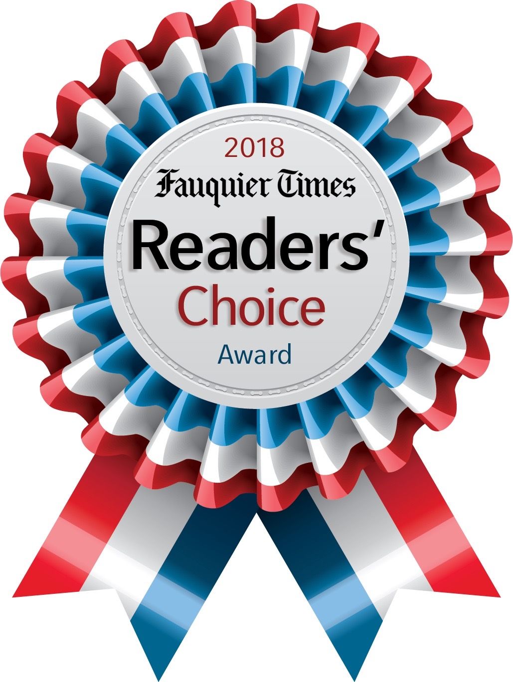 2018 Fauquier Times Readers' Choice Award ribbon, red, white, and blue, with text