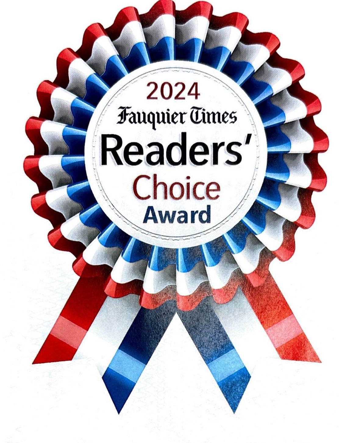 2024 Fauquier Times Readers' Choice Award rosette. Red, white, and blue layered ribbon badge.