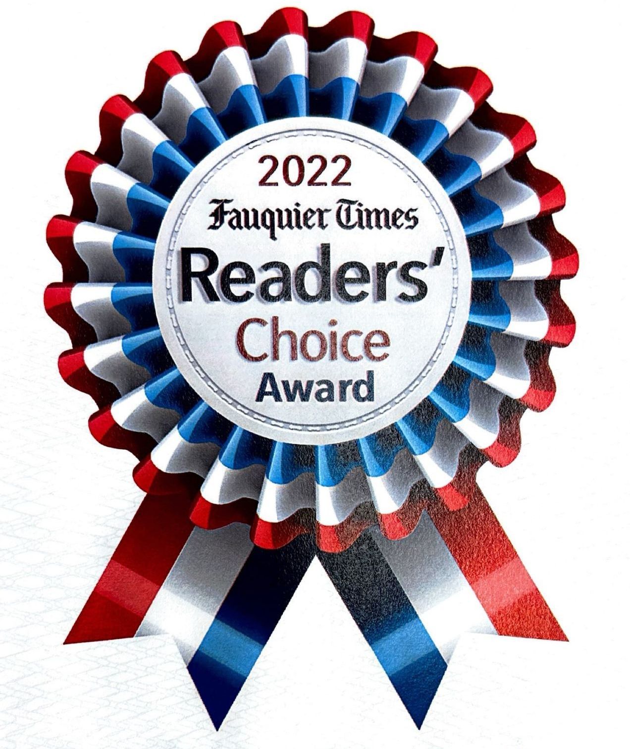 Fauquier Times Readers' Choice Award 2022, red, white, and blue ribbon badge.