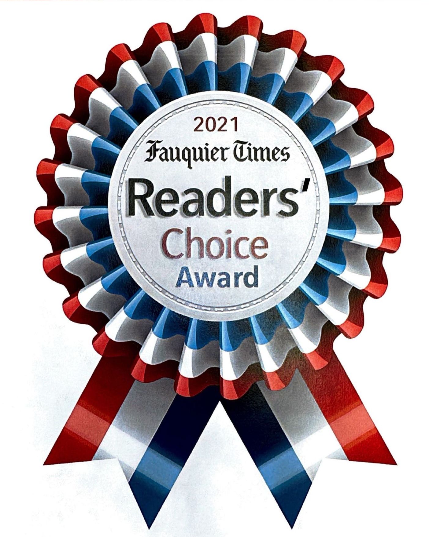 2021 Fauquier Times Readers' Choice Award ribbon, red, white and blue.