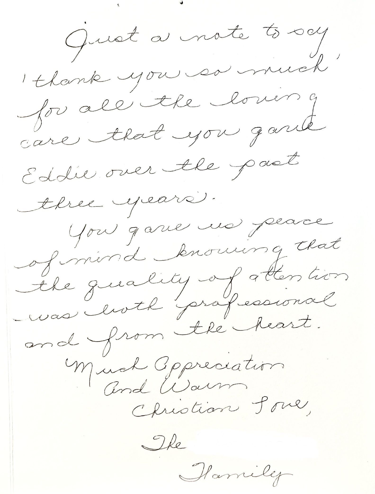 Handwritten letter on white paper with text in cursive; author unknown.
