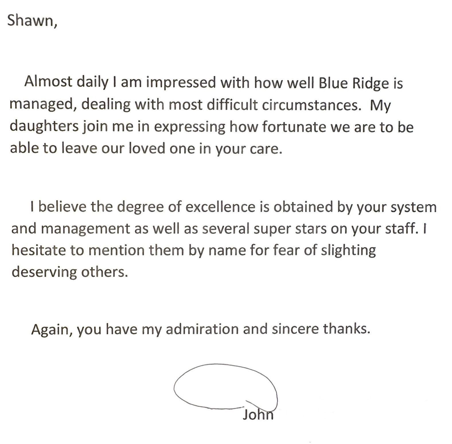 A thank-you note to Shawn, praising Blue Ridge's management, signed by John.