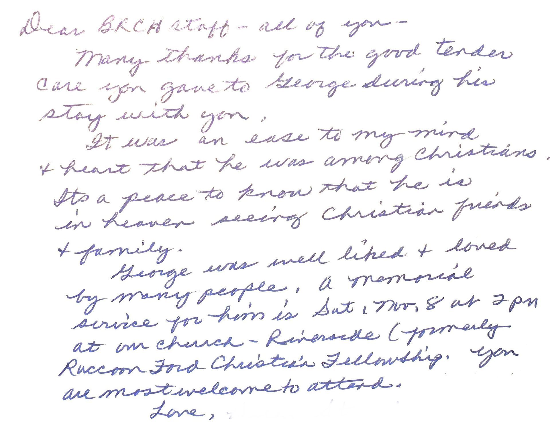 Handwritten letter expressing gratitude, mentioning care provided, and inviting to a memorial service.