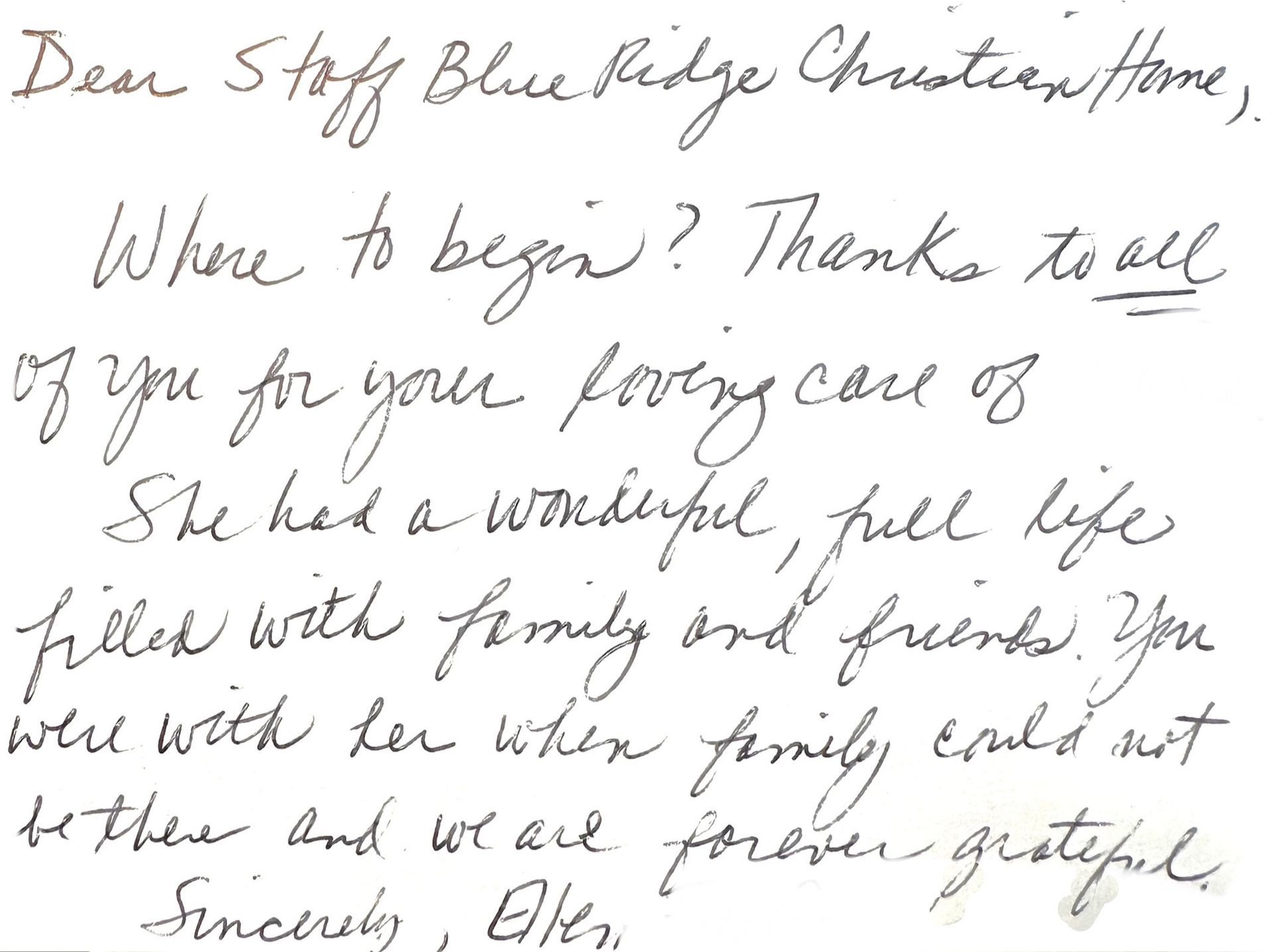 Handwritten letter: thank you to staff at Blue Ridge Christian Home for care; expresses gratitude.