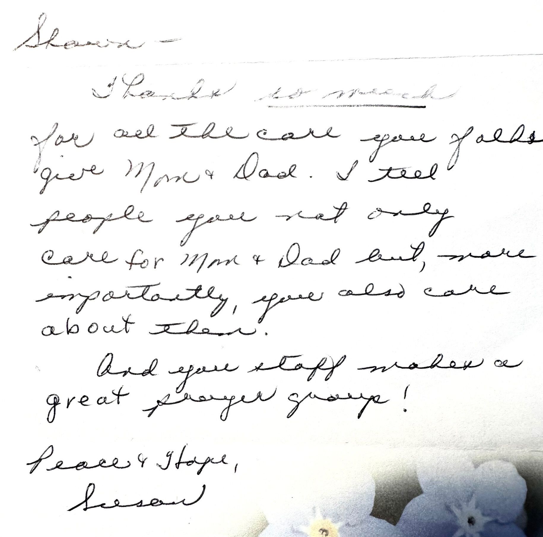 Handwritten thank you note to Sharon, mentioning care for mom & dad, and a prayer group.