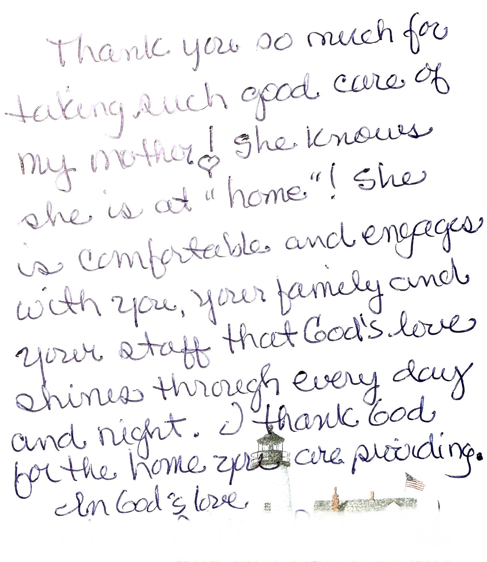 Handwritten thank-you note; text reads: