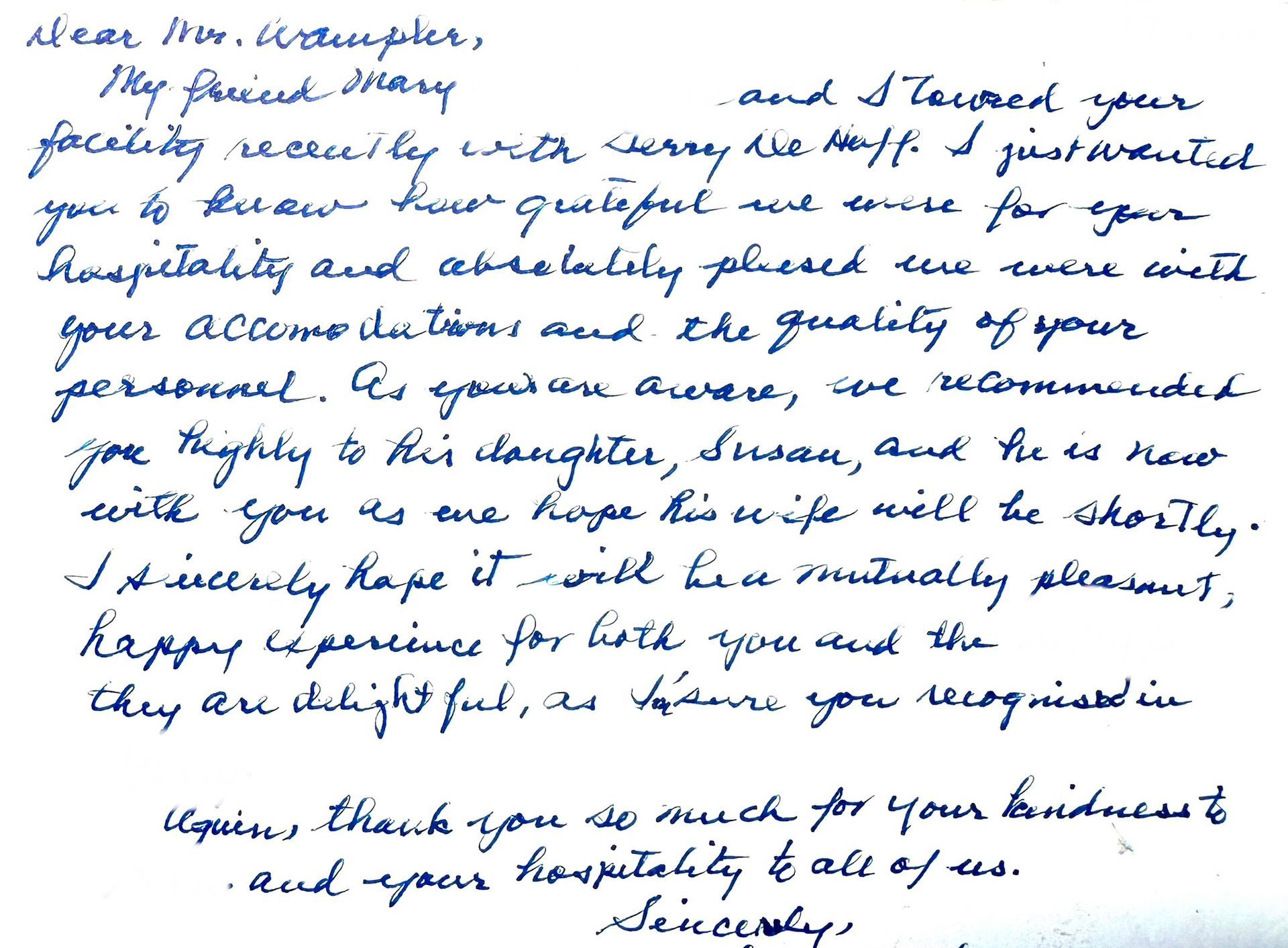 Handwritten thank-you note expressing gratitude for hospitality and accommodations.