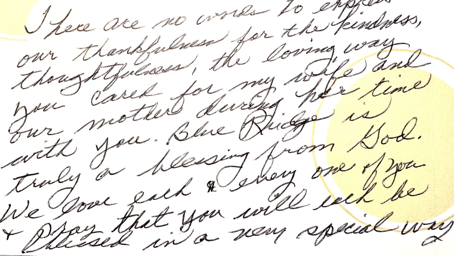 Handwritten note expressing thanks, mentioning kindness, love, care, and blessings.